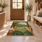 tropical yoga deck rug in an entryway with a wooden door and bench