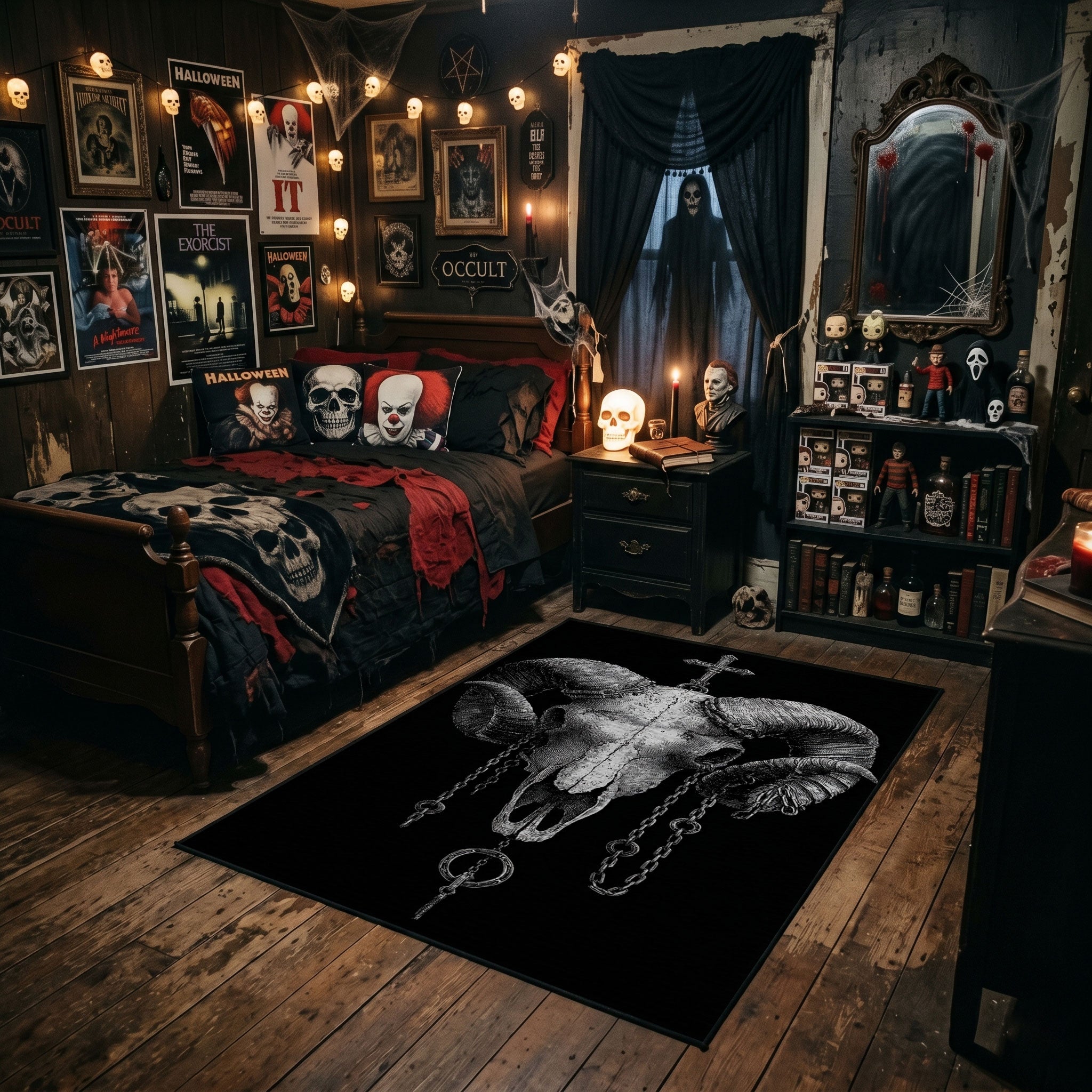 Satanic Ram Skull Area Rug, Baphomet Gothic Bedroom Carpet, Occult Home Decor, Horror Room Black Floor Mat, Witchy Alternative Decor