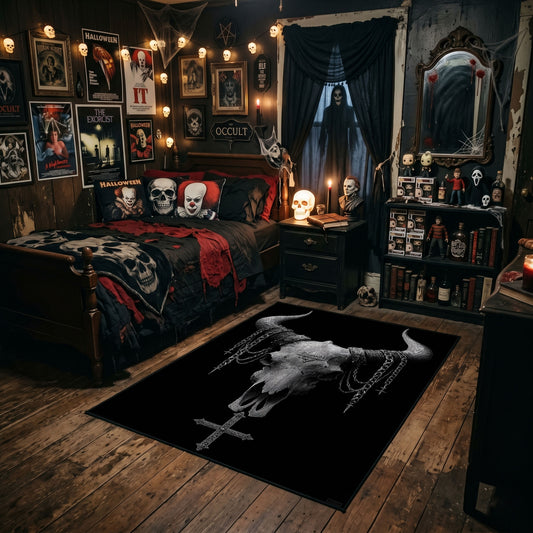 Satanic Ram Skull Area Rug, Baphomet Gothic Bedroom Carpet, Occult Home Decor, Horror Room Black Floor Mat, Witchy Alternative Decor