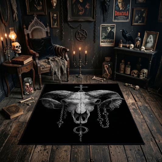 Satanic Ram Skull Area Rug, Baphomet Gothic Bedroom Carpet, Occult Home Decor, Horror Room Black Floor Mat, Witchy Alternative Decor