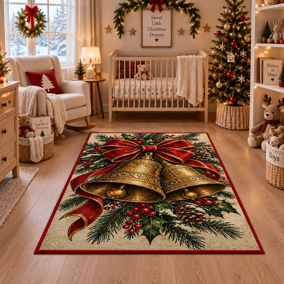 Christmas bells rug with red bow and pine greenery in nursery