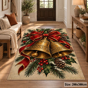 Christmas bells rug with red bow and pine greenery in foyer