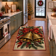 Christmas bells rug with red bow and pine greenery in kitchen