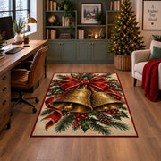 Christmas bells rug with red bow and pine greenery in home office