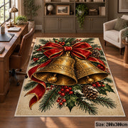 Christmas bells rug with red bow and pine greenery in office