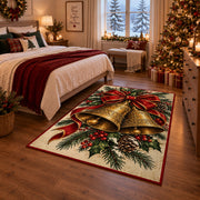 Christmas bells rug with red bow and pine greenery in bedroom