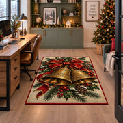 Christmas bells rug with red bow and pine greenery in study