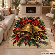 Christmas bells rug with red bow and pine greenery in living room