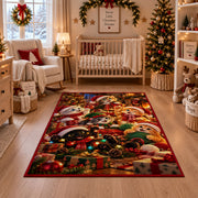 Santa with forest animals and gifts by a glowing Christmas tree area rug shown in nursery view 10