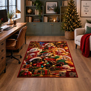 Santa with forest animals and gifts by a glowing Christmas tree area rug shown in home view 4