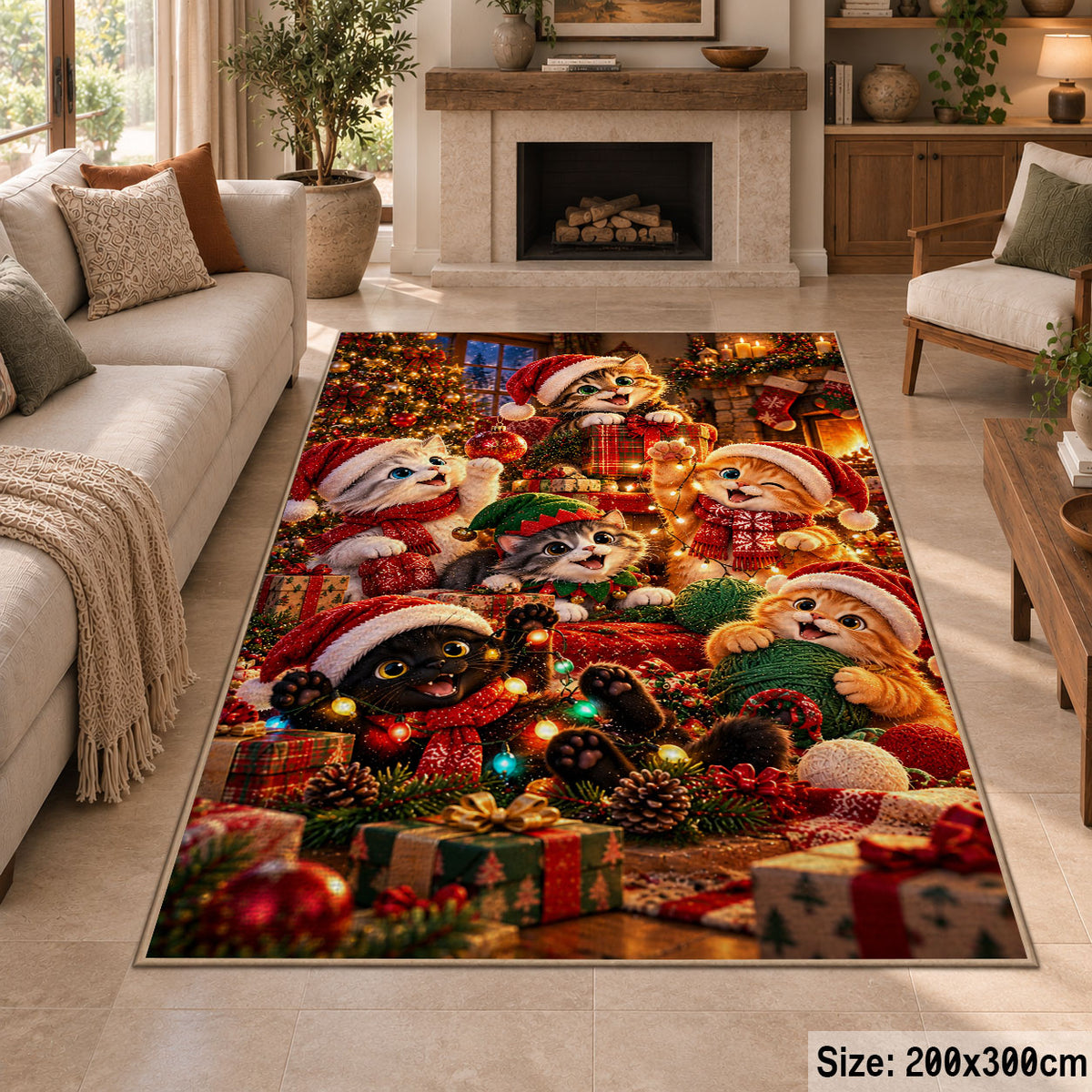 Santa with forest animals and gifts by a glowing Christmas tree area rug shown in living room view 8