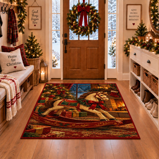 wooden rocking horse with red ribbon and wrapped gifts area rug, holiday room view 1