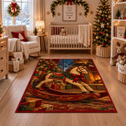 wooden rocking horse with red ribbon and wrapped gifts area rug, holiday room view 10