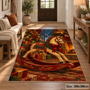wooden rocking horse with red ribbon and wrapped gifts area rug, holiday room view 2