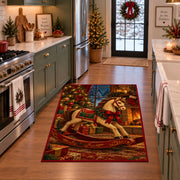 wooden rocking horse with red ribbon and wrapped gifts area rug, holiday room view 3