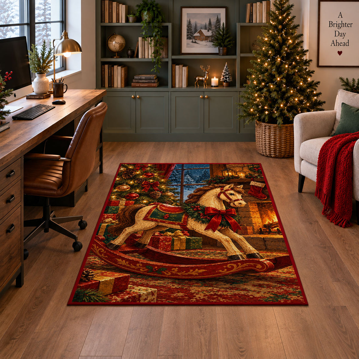 wooden rocking horse with red ribbon and wrapped gifts area rug, holiday room view 4
