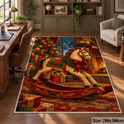 wooden rocking horse with red ribbon and wrapped gifts area rug, holiday room view 5