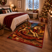 wooden rocking horse with red ribbon and wrapped gifts area rug, holiday room view 6