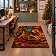 wooden rocking horse with red ribbon and wrapped gifts area rug, holiday room view 7