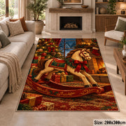 wooden rocking horse with red ribbon and wrapped gifts area rug, holiday room view 8