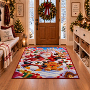 Santa, penguin, snowman and gingerbread friends in colorful snow area rug, holiday room view 1