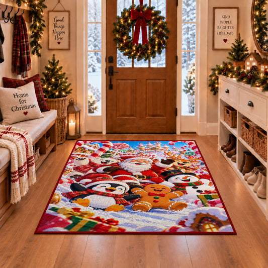 Santa, penguin, snowman and gingerbread friends in colorful snow area rug, holiday room view 1