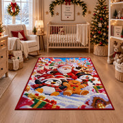 Santa, penguin, snowman and gingerbread friends in colorful snow area rug, holiday room view 10