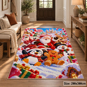 Santa, penguin, snowman and gingerbread friends in colorful snow area rug, holiday room view 2