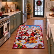 Santa, penguin, snowman and gingerbread friends in colorful snow area rug, holiday room view 3