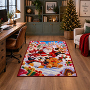 Santa, penguin, snowman and gingerbread friends in colorful snow area rug, holiday room view 4