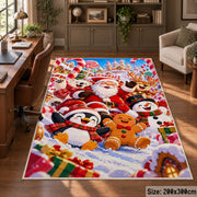 Santa, penguin, snowman and gingerbread friends in colorful snow area rug, holiday room view 5