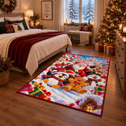 Santa, penguin, snowman and gingerbread friends in colorful snow area rug, holiday room view 6