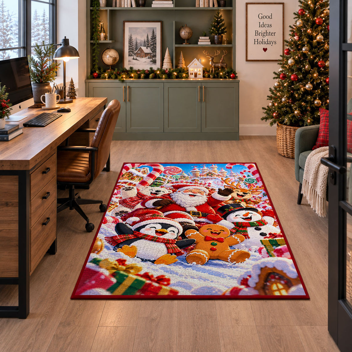 Santa, penguin, snowman and gingerbread friends in colorful snow area rug, holiday room view 7