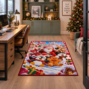 Santa, penguin, snowman and gingerbread friends in colorful snow area rug, holiday room view 7