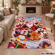 Santa, penguin, snowman and gingerbread friends in colorful snow area rug, holiday room view 8