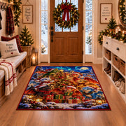 woodland animals gathered around a lit Christmas tree area rug, holiday room view 1