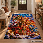woodland animals gathered around a lit Christmas tree area rug, holiday room view 2