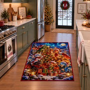 woodland animals gathered around a lit Christmas tree area rug, holiday room view 3