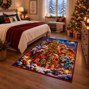woodland animals gathered around a lit Christmas tree area rug, holiday room view 6