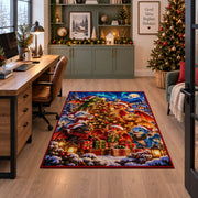 woodland animals gathered around a lit Christmas tree area rug, holiday room view 7