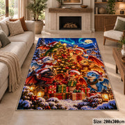 woodland animals gathered around a lit Christmas tree area rug, holiday room view 8
