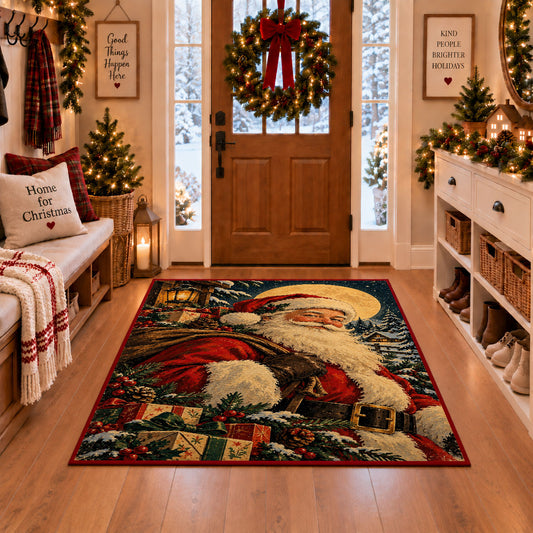 Santa portrait under moonlight with wrapped gifts and evergreen branches area rug, holiday room view 1