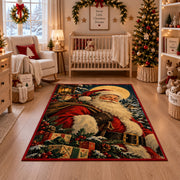 Santa portrait under moonlight with wrapped gifts and evergreen branches area rug, holiday room view 10