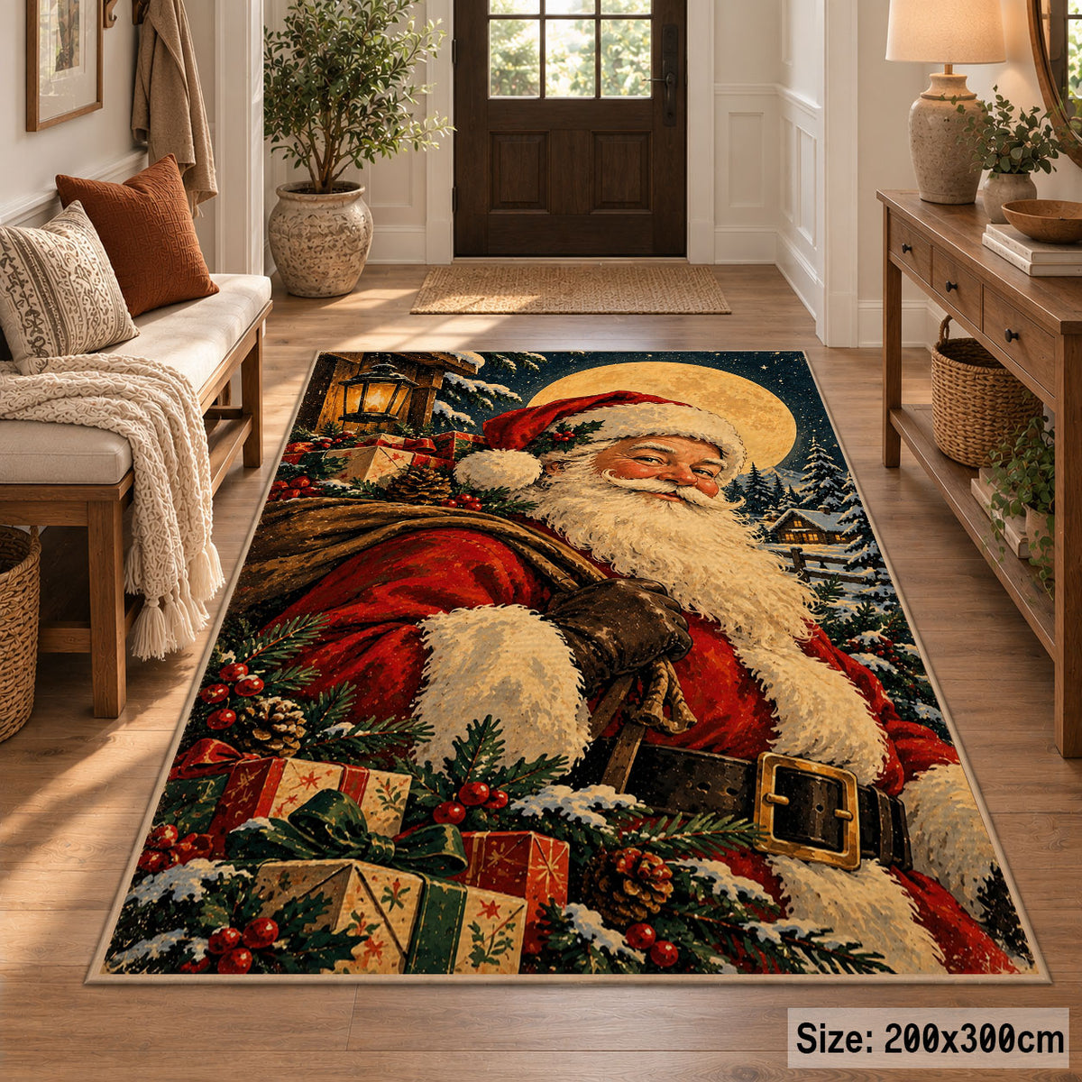 Santa portrait under moonlight with wrapped gifts and evergreen branches area rug, holiday room view 2