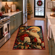 Santa portrait under moonlight with wrapped gifts and evergreen branches area rug, holiday room view 3