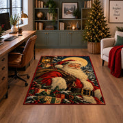Santa portrait under moonlight with wrapped gifts and evergreen branches area rug, holiday room view 4