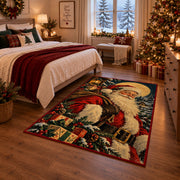 Santa portrait under moonlight with wrapped gifts and evergreen branches area rug, holiday room view 6