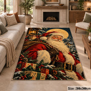 Santa portrait under moonlight with wrapped gifts and evergreen branches area rug, holiday room view 8