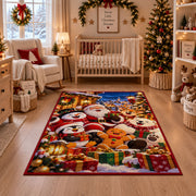 Santa, penguin, snowman and gingerbread friends with lanterns and gifts area rug, holiday room view 10