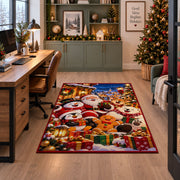 Santa, penguin, snowman and gingerbread friends with lanterns and gifts area rug, holiday room view 7